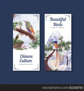 Flyer template with Bird and Chinese flower concept,watercolor style
