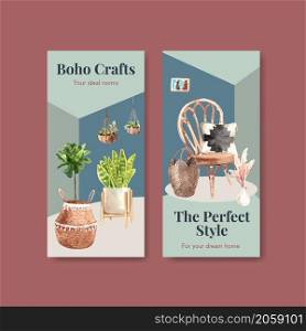 Flyer template with boho furniture concept design for brochure and leaflet watercolor vector illustration