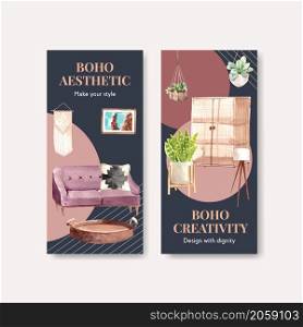 Flyer template with boho furniture concept design for brochure and leaflet watercolor vector illustration