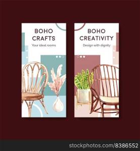 Flyer template with boho furniture concept design for brochure and leaflet watercolor vector illustration
