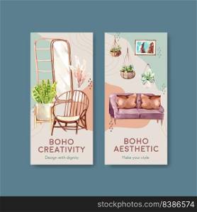 Flyer template with boho furniture concept design for brochure and leaflet watercolor vector illustration
