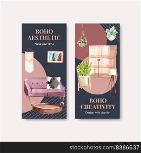 Flyer template with boho furniture concept design for brochure and leaflet watercolor vector illustration 