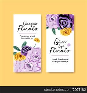 Flyer template with brush florals concept design for brochure and leaflet watercolor vector illustration