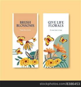 Flyer template with brush florals concept design for brochure and leaflet watercolor vector illustration 