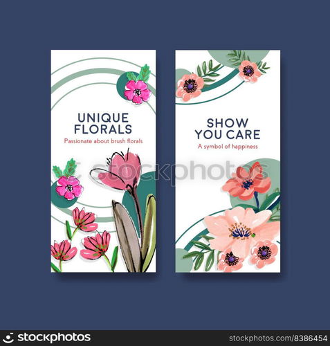 Flyer template with brush florals concept design for brochure and leaflet watercolor vector illustration 