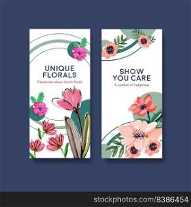 Flyer template with brush florals concept design for brochure and leaflet watercolor vector illustration 