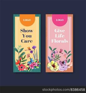Flyer template with brush florals concept design for brochure and leaflet watercolor vector illustration
