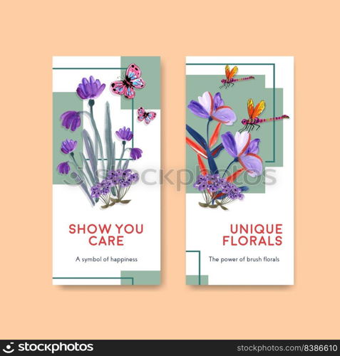 Flyer template with brush florals concept design for brochure and leaflet watercolor vector illustration
