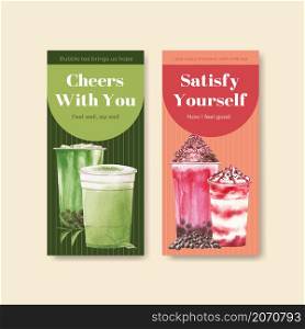 Flyer template with bubble milk tea concept design for brochure and leaflet watercolor vector illustration