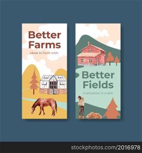 Flyer template with farm organic concept design for brochure and leaflet watercolor vector illustration.