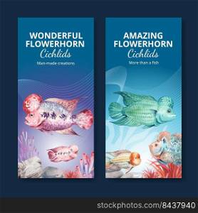 Flyer template with flower horn cichlid fish concept,watercolor style 