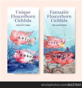 Flyer template with flower horn cichlid fish concept,watercolor style
