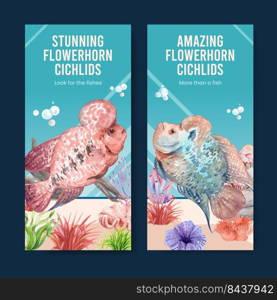 Flyer template with flower horn cichlid fish concept,watercolor style 