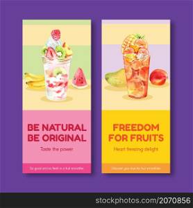 Flyer template with fruits smoothies concept design for brochure and leaflet watercolor vector illustration