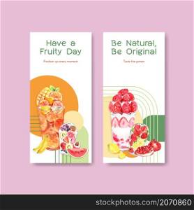 Flyer template with fruits smoothies concept design for brochure and leaflet watercolor vector illustration