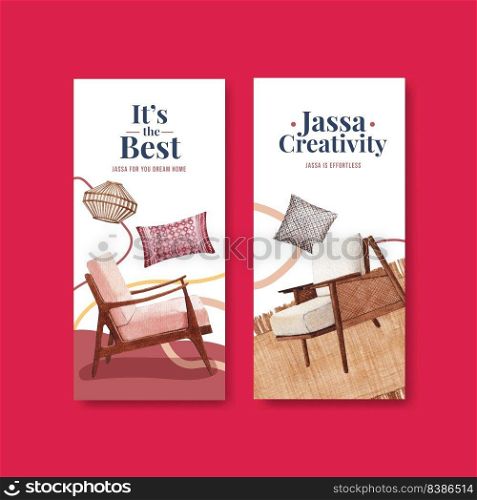 Flyer template with Jassa furniture concept design for brochure and leaflet watercolor vector illustration 