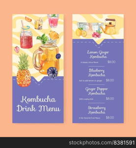 Flyer template with Kombucha drink concept,watercolor style 