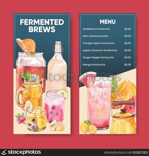 Flyer template with Kombucha drink concept,watercolor style 