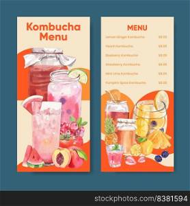 Flyer template with Kombucha drink concept,watercolor style 