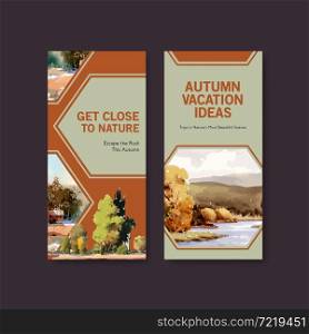 Flyer template with landscape in autumn design for brochure and leaflet.Fall seasons watercolor vector illustration