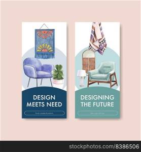Flyer template with luxury furniture concept design brochure and leaflet watercolor vector illustration 