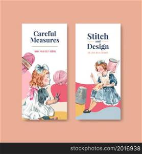 Flyer template with sewing concept design for brochure and marketing watercolor vector illustration.