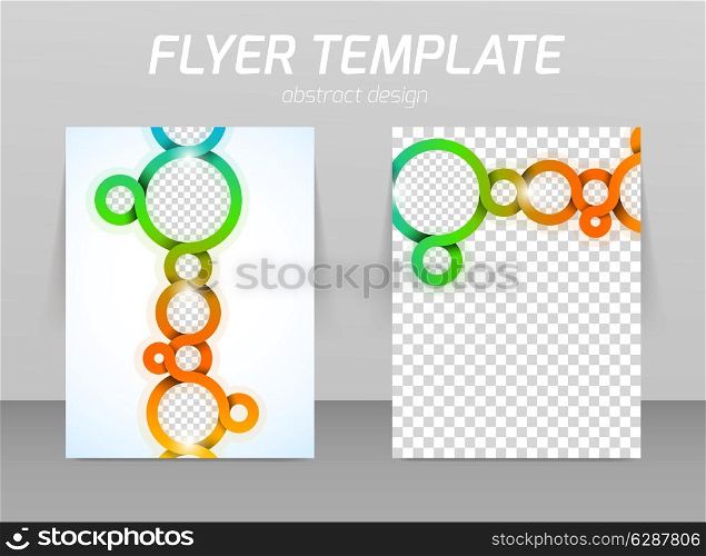 Flyer template with spiral design in orange and green color