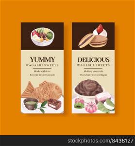 Flyer template with wagashi Japanese dessert concept,watercolor style 