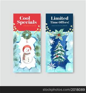Flyer template with winter sale concept design for brochure,advertise,marketing and leaflet watercolor vector illustration