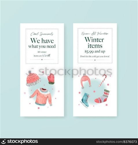 Flyer template with winter sale concept design for brochure,advertise,marketing and leaflet watercolor vector illustration 