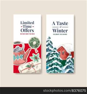 Flyer template with winter sale concept design for brochure,advertise,marketing and leaflet watercolor vector illustration 