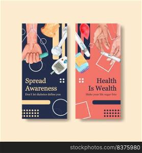 Flyer template with world diabetes day concept design for brochure and leaflet watercolor vector illustration. 