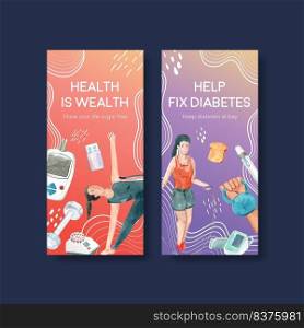 Flyer template with world diabetes day concept design for brochure and leaflet watercolor vector illustration. 
