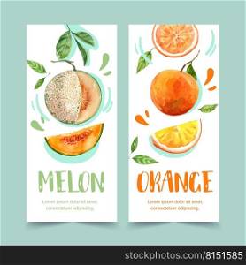 Flyer watercolor design with Fruits theme, melon and orange vector illustration template.