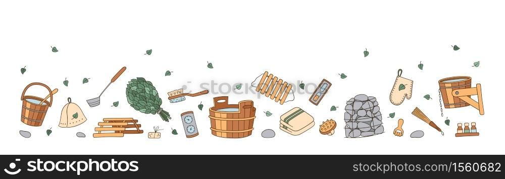 Flyer with hand drawn bathhouse and sauna accessories. Tub and birch broom, pot holder and hat, thermometer, massager and other. Vector illustration in doodle style on white background.. Flyer with hand drawn bathhouse and sauna accessories. Tub and birch broom, pot holder and hat, thermometer, massager and other. Vector illustration