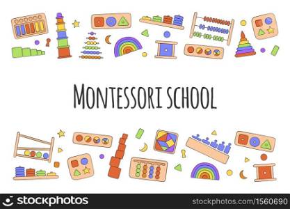 Flyer with kid toys for Montessori games. Education logic toys for preschool children. Hand drawn vector illustration on white background. Hand drawn kid toys for Montessori games. Education logic toys for preschool children.