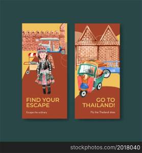 Flyer with Thailand travel concept design for advertise and brochure watercolor vector illustration