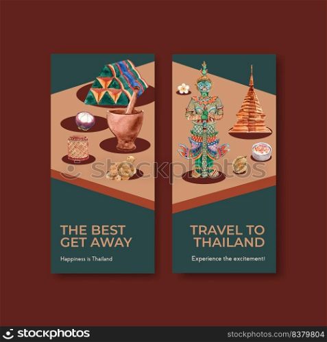 Flyer with Thailand travel concept design for advertise and brochure watercolor vector illustration
