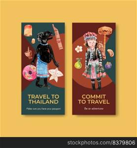 Flyer with Thailand travel concept design for advertise and brochure watercolor vector illustration 