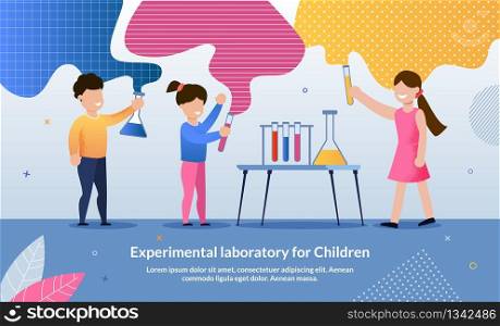 Flyer Written Experimental Laboratory for Children. Developing Courses for Children, Benefits Preschool Education. Children Learn Chemistry Through Experiments with Test Tubes. Vector Illustration.