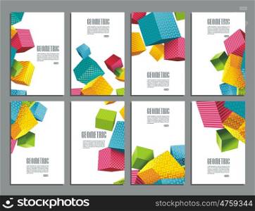 Flyers abstract geometric style with color cubes, corporate vector layouts.