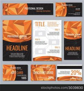Flyers banners brochures and cards with orange polygonal elements corporate identity vector template. Flyers banners brochures and cards with orange polygonal elements corporate identity vector template. Poster and booklet with polygon element illustration