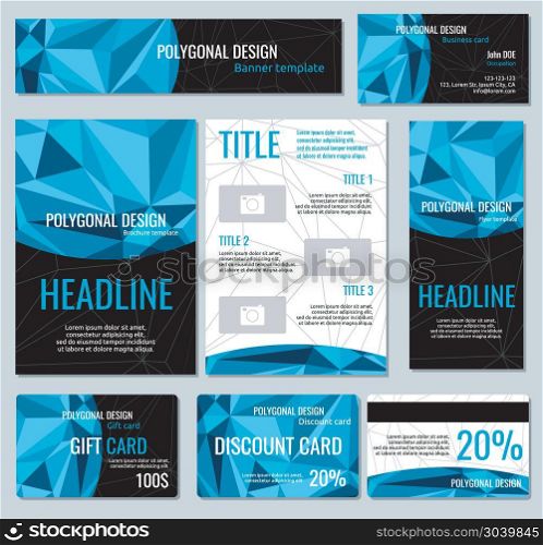 Flyers, banners, brochures and cards with polygonal elements. Vector templates set. Flyers, banners, brochures and cards with polygonal elements. Vector templates card with space for headline, illustration gift card and brochure for business