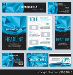 Flyers, banners, brochures and cards with polygonal elements. Vector templates set. Flyers, banners, brochures and cards with polygonal elements. Vector templates card with space for headline, illustration gift card and brochure for business