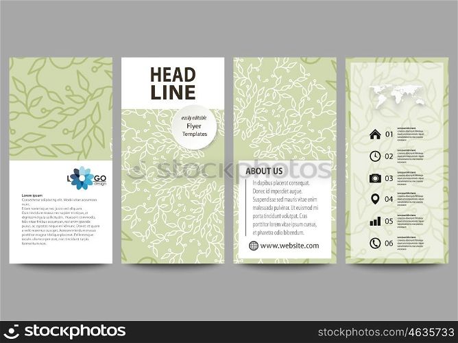 Flyers set, modern banners. Business templates. Cover design template, abstract flat layouts. Green color background with leaves. Spa concept in linear style. Vector decoration for fashion, cosmetics, beauty industry.