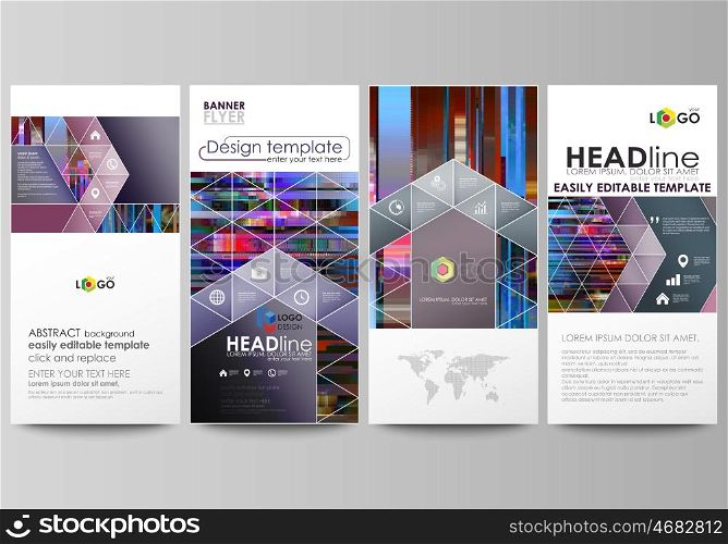 Flyers set, modern banners. Business templates. Cover design template, abstract vector layouts. Glitched background made of colorful pixel mosaic. Digital decay, signal error, television fail. Trendy glitch backdrop.