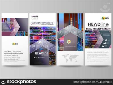 Flyers set, modern banners. Business templates. Cover design template, abstract vector layouts. Glitched background made of colorful pixel mosaic. Digital decay, signal error, television fail. Trendy glitch backdrop.