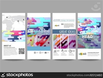 Flyers set, modern banners. Business templates. Cover design template, abstract vector layouts. Bright color lines and dots, colorful minimalist backdrop with geometric shapes, minimalistic background. Flyers set, modern banners. Business templates. Cover design template, easy editable abstract vector layouts. Bright color lines and dots, colorful minimalist backdrop with geometric shapes forming beautiful minimalistic background.