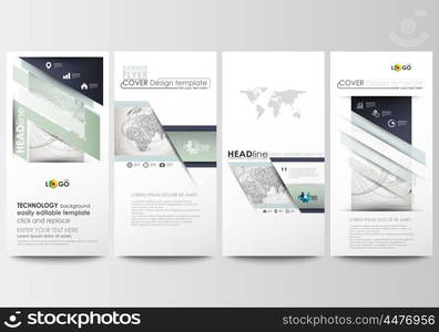 Flyers set, modern banners. Business templates. Cover design template, easy editable, abstract flat layouts. Dotted world globe with abstract construction and polygonal molecules on gray background, vector illustration