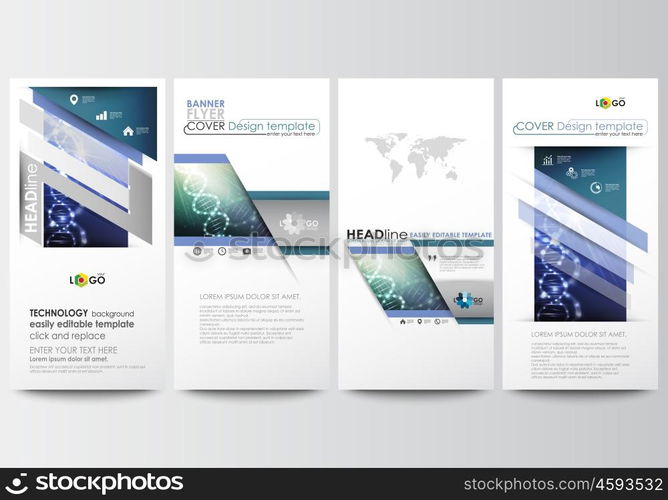 Flyers set, modern banners. Business templates. Cover design template, easy editable, abstract flat layouts. DNA molecule structure, science background. Scientific research, medical technology.